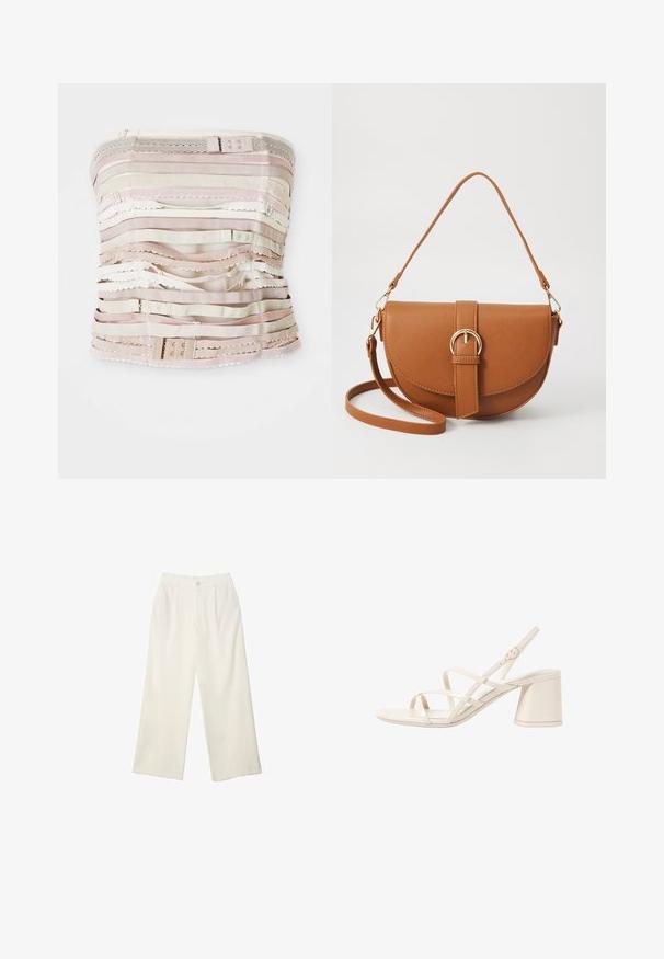 Bodice senza spalline in tonalità beige, caratterizzato da strisce di tessuto orizzontali con varie texture, dettagli in pizzo e hardware regolabile nella parte superiore.; Pantaloni a gamba larga in tessuto crema con una texture liscia, caratterizzati da un singolo bottone frontale, pieghe sottili e un design a vita alta.; Sandali con tacco beige con sottili cinturini incrociati, punta aperta e tacco quadrato a blocco. Finitura in vernice liscia, cinturino alla caviglia regolabile.; Borsa a tracolla in pelle marrone con forma curvata, hardware dorato e un dettaglio con fibbia. Presenta una tracolla rimovibile.