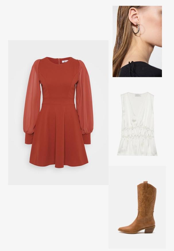 Balta satino be rankovių palaidinė su gilia V formos iškirpte, surinkta juosmeniu ir plačia siluetu, su švelnia tekstūra ir lygiu apdaila.; Raudona suknelė su trumpomis pūstomis permatomomis rankovėmis, prigludusiu liemeniu, plačiu sijonu ir užtrauktuku nugaroje. Pagaminta iš tekstūruoto audinio su lygiu paviršiumi.; Ruda odinė kantri batai su smailiu būtų pirštu, siuvinėtais spiralės raštais ant viršaus ir su kamščiu blokuotu kulnu. Yra tamprių užtraukių, kad būtų lengviau užsidėti.; Auksinės metalinės rankinės su lygiu paviršiumi, kuri turi trikampio formos užsegimą. Ranką laikančioji turi tvarkingai prižiūrėtus nagus.; Sidabrinė lankinė auskarai su poliruotu paviršiumi, turintys mažus auksinius akcentus ir apvalią formą, dėvimi ant ausies kaušelio.