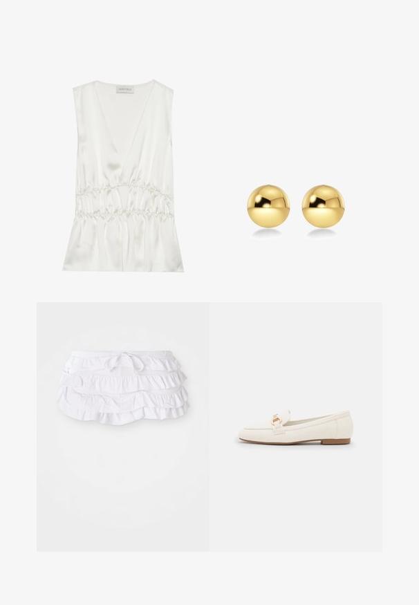 Valkoinen satiininen hihaton toppi, jossa on syvä V-pääntie, kerrottu vyötärö ja ohut siluetti, pehmeä tekstuuri ja sileä pinta.; Valkoinen rypytetty uimapuku hame, jossa on useita kerroksia ja säädettävä nyörivartalo. Pehmeä kangas, jolla on sileä pinta.; Valkoiset nahkaloaferit, joissa on litteä pohja, kultasävytetty solkiyksityiskohta ja sileä pinta. Klassinen muotoilu yksinkertaisilla linjoilla.; Kultaiset pallomaiset korvakorut, joissa on kiiltävä ja heijastava pinta. Suunnittelu on yksinkertainen ja sileä, luoden modernin ja minimalistisen ilmeen.