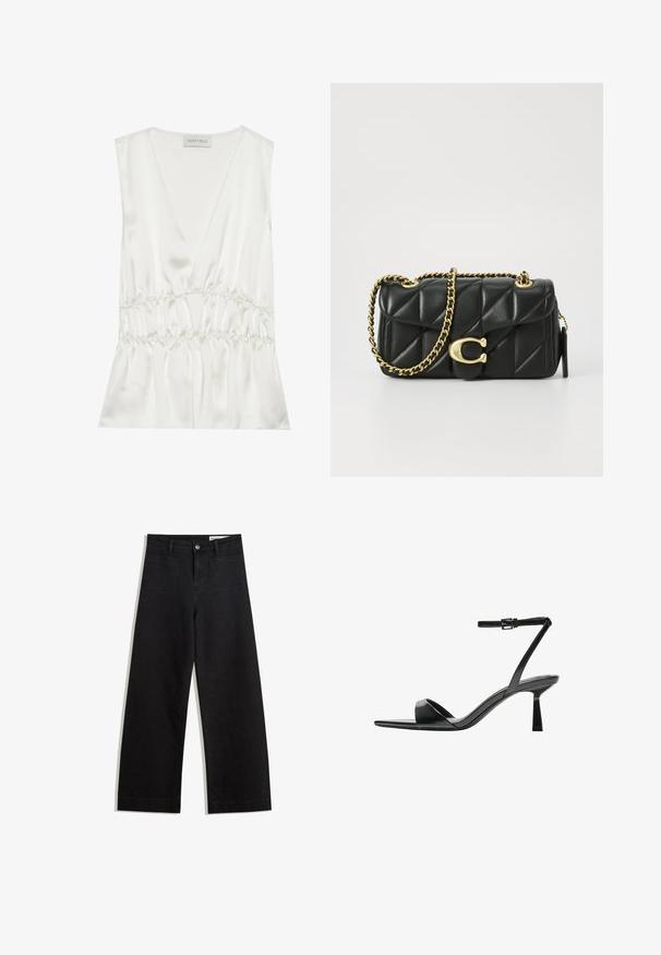 Witte satijnen mouwloze top met een diepe V-hals, gathered taille en vloeiende silhouet, met een zachte textuur en een gladde afwerking.; Zwarte denim broek met wijde pijpen en een hoge taille, voorzien van voor- en achterzakken, gestikte naden en een knoopsluiting. Gladde textuur.; Bershka Sandalen met hoge hak - black; Zwarte gewatteerde leren handtas met een gouden kettingschouderband en een toggle-sluiting met een rond accent. Compacte rechthoekige vorm.