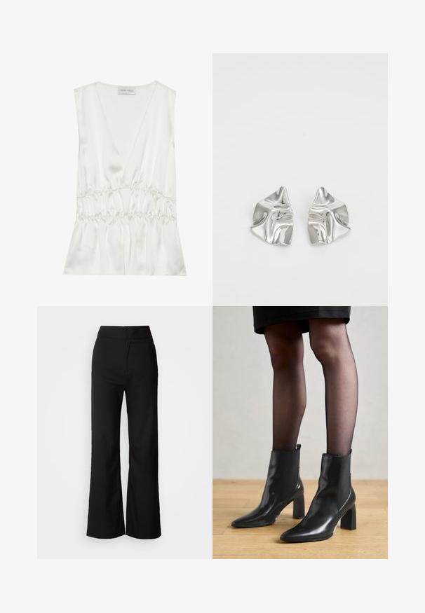 Top alb din satin fără mâneci, cu decolteu adânc în V, talie strânsă și siluetă fluidă, cu textură moale și finisaj neted.; Pantaloni negri cu croi larg, dintr-o textură netedă, cu talie înaltă și un design simplu. Fără buzunare vizibile sau embellishments.; Botine negre din piele, cu vârful ascuțit, toc pătrat masiv și un design elegant. Au panouri laterale elastice pentru o îmbrăcare ușoară.; Cercei din metal argintiu cu un design sculptural ondulat, prezentând o finisare lucioasă și forme neregulate, evidențiind o estetică contemporană.
