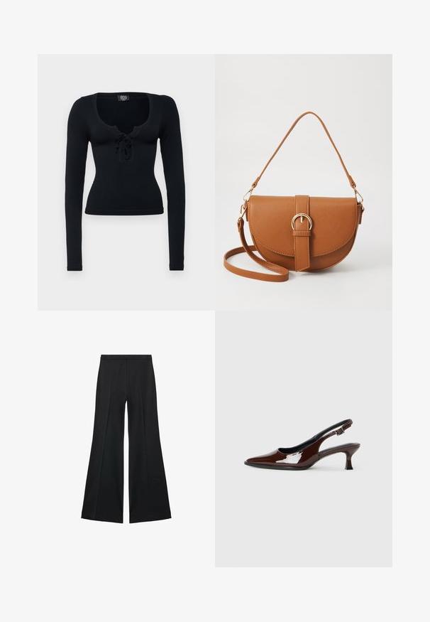 BDG Urban Outfitters KNOCKOUT BABY - Long sleeved top - black; Black wide-leg pants with a smooth texture, featuring front pleats and a tailored design. The fabric is lightweight and flowy.; Brown patent leather slingback shoe with a pointed toe and a moderate heel. Features a buckle strap for secure fit. Smooth texture.; Brown leather crossbody bag with a curved shape, gold hardware, and a buckle accent. Features a detachable shoulder strap.
