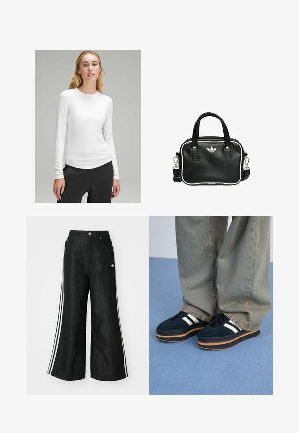 Blusa de manga larga blanca, hecha de un material suave y liviano, con cuello redondo y un diseño ajustado, combinada con pantalones negros.; Pantalones de denim anchos y negros con tres franjas blancas en cada lado y un pequeño logo blanco. Cuenta con bolsillos frontales y un cierre de botón.; Zapatillas de plataforma de ante azul oscuro con rayas blancas y cordones negros. Cuentan con una gruesa suela de goma marrón. Llevadas con pantalones de mezclilla azul claro.; Bolso de mano de cuero negro con dos asas cortas, herrajes plateados, detalles en blanco y un logotipo blanco. Presenta una superficie texturada y un diseño compacto.