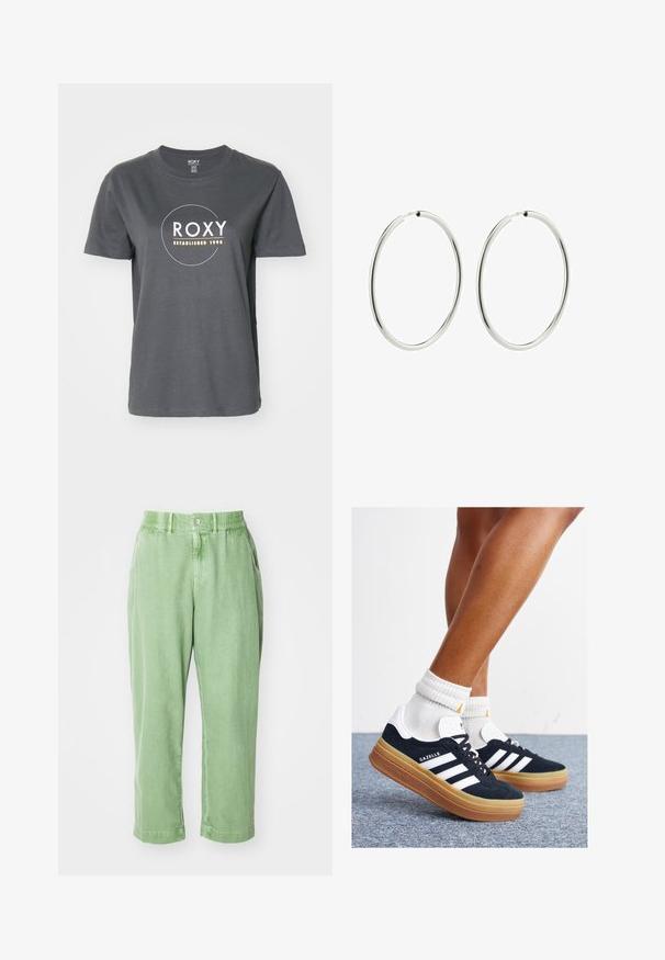 Gray cotton t-shirt featuring a round neckline, short sleeves, and a white graphic logo with gold accents, stating "ROXY ESTABLISHED 1990."; Light green, relaxed-fit pants made from soft material. Features a button and elasticated waistband, with side pockets and tapered legs.; Black suede sneakers with white stripes and accents, rounded toe, gum rubber outsole, paired with white ribbed crew socks.; Silver hoop earrings with a smooth, polished finish. Circular shape, consistent width, designed for easy fastening. Simple and elegant.