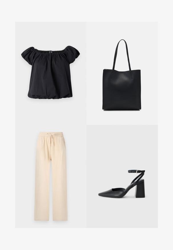 Blusa preta sem ombros feita de um tecido macio, com mangas volumosas, decote franzido e um corte solto com bainha elástica.; Calças largas de tom bege claro, feitas de um tecido suave e leve. Cintura elástica com cordão. Superfície texturizada e corte solto.; Sandal com biqueira afilada em couro preto, com cinta no tornozelo e salto grosso. Textura lisa, design elegante e estética minimalista.; Bolsa tote preta em couro com textura lisa, forma retangular e duas alças longas. Sem hardware ou enfeites visíveis.