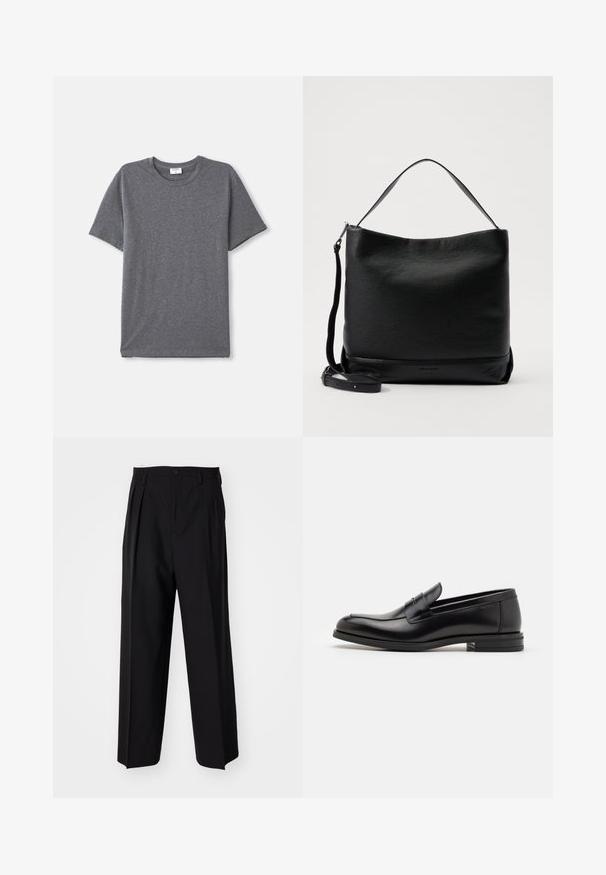 Szara koszulka z krótkim rękawem wykonana z miękkiego, gładkiego materiału. Klasyczny okrągły dekolt, luźny krój bez wyraźnych elementów wzorniczych.; Czarne plisowane spodnie o prostym, szerokim kroju nogawek. Wykonane z gładkiego materiału, z zapięciem na guzik i pętelkami na pasek.; Czarne skórzane mokasyny o gładkiej fakturze, zaokrąglonym nosku i dekoracyjnym pasku na przodzie. Niski, warstwowy obcas, minimalistyczny design.; Czarna skórzana torebka na ramię o teksturowym wykończeniu, z zaokrąglonym dołem i odpinanym paskiem. Charakteryzuje się prostym wzornictwem z minimalną ilością okucia.