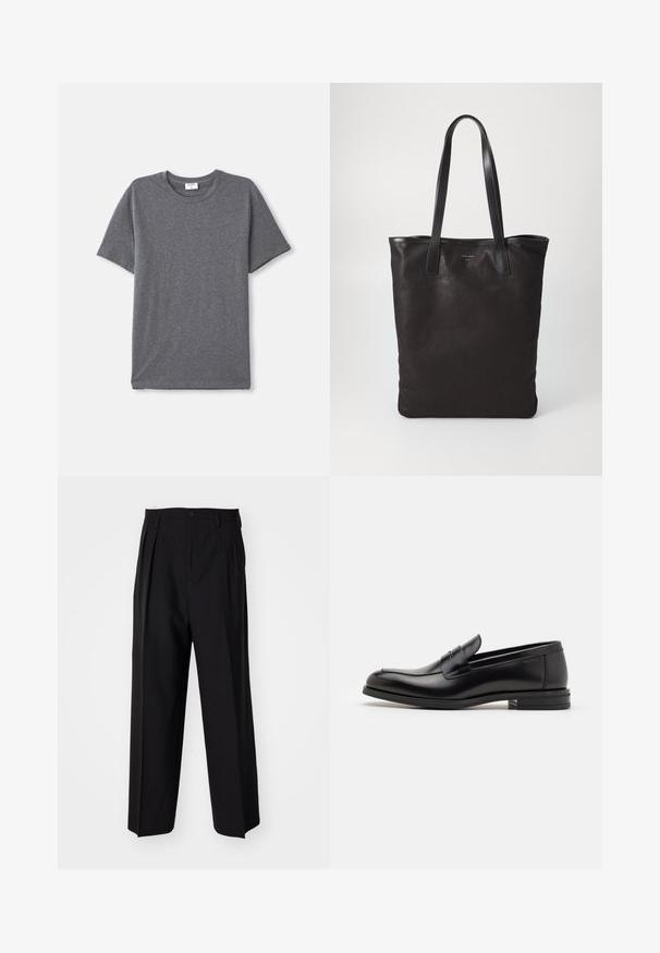 Grå kortärmad t-shirt gjord av mjukt, slätt tyg. Klassisk rundhals med en avslappnad passform och inga framträdande designelement.; Svarta plisserade byxor med en rak, bred bendesign. Tillverkade av ett slätt tyg, med knäppning fram och bälteshällor.; Svarta läderloafers med en slät yta, rund tå och ett dekorativt band över främre delen. Låg staplad klack, minimalistisk design.; Svart canvas toteväska med svarta läderhandtag. Enkel design, rymlig kropp och en slät textur. Inga synliga logotyper eller mönster.
