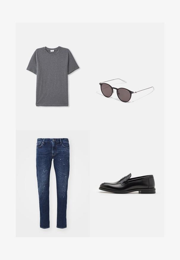 Szürke, rövid ujjú póló, puha, sima anyagból készült. Klasszikus kereknyakú fazon, laza illeszkedéssel és jellegzetes dizájn nélkül.; Sötétkék, slim fit farmernadrág, festékcseppekkel, látható varrással és klasszikus öt zsebbel. Egyenes szárú fazon.; Fekete bőr loaferek sima textúrával, kerek orral és dekoratív pánttal a vampnál. Alacsony, rétegelt sarkú, minimalista dizájn.; Fekete kerek napszemüveg sötét lencsékkel és karcsú fém szárakkal. Átlátszó szárvégeket és ezüst részleteket tartalmaz az ívnél. Minimalista dizájn.