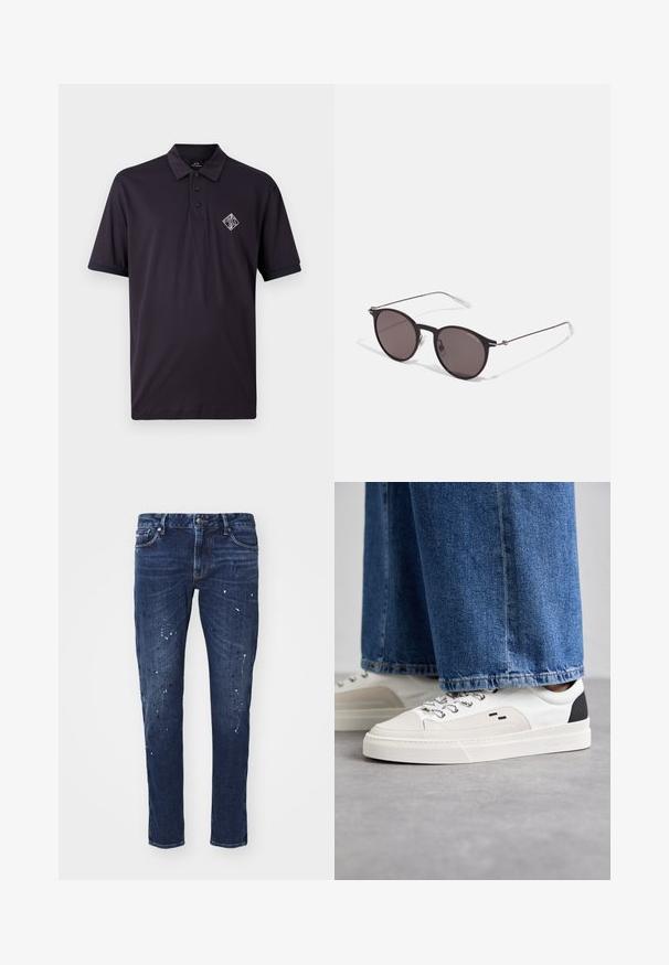 Polo shirt bleu marine en coton, avec un col, une patte de boutonnage à trois boutons et des manches courtes. Présente un logo brodé blanc sur la poitrine.; Jean en denim bleu foncé avec une coupe slim, ornés de éclaboussures de peinture, de coutures visibles et d'un design standard à cinq poches. Coupe jambe droite.; Baskets blanches et noires avec une tige en cuir lisse, des accents texturés et une semelle épaisse blanche. Présentent un design classique à lacets.; Lunettes de soleil noires rondes avec verres sombres et branches en métal fines. Comprend des embouts transparents et des accents argentés au niveau de la charnière. Design minimaliste.