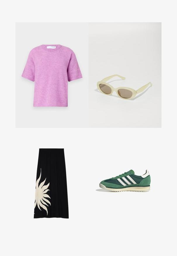 Pulover roz cu mânecă scurtă și decolteu rotund. Textură moale, croială lejeră și detalii de cusătură minime. Etichetă vizibilă la spate.; Fustă neagră cu un design mare în formă de soare alb pe o parte, textură moale și o formă fluidă, potrivită pentru îmbrăcăminte casual.; Pantofi sport verzi, realizati dintr-un amestec de piele intoarsa si materiale sintetice, cu trei dungi albe si o talpa texturata din cauciuc.; Ochelari de soare ovali cu un cadru galben pal translucid și lentile maro. Acesta are o textură netedă și accente subtile de hardware pe laturi.; Geantă pliată galbenă dintr-un faux leather neted, cu o formă moale, având un singur mânere pentru umăr și un design cu partea superioară gathered.