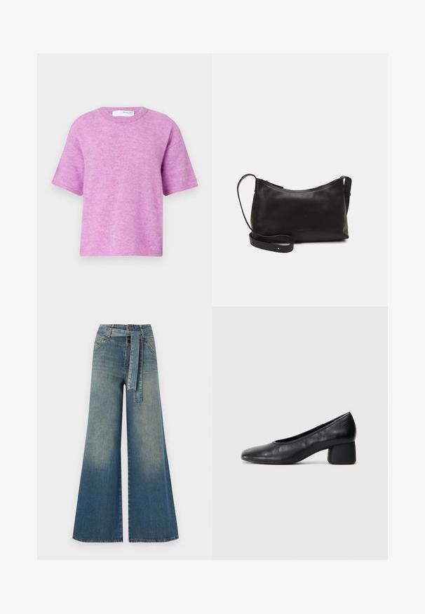 Roosa lühikeste varrukatega sviiter ümmarguse kaelusega. Pehme tekstuur, mugav lõige ja minimaalsed õmbluse detailid. Silt nähtav taga.; Laiad denimpüksid, millel on hele tume sinine gradiendiefekt, kõrge vöökoht, vöökumlid ja sobivast kangast vöö. Struktureeritud denimi viimistlus.; Must musta kingadega, ümarate varvaste ja keskmise plokknõrga. Sile tekstuur, minimaalse kaunistusega, kergelt elastse avaga.; Mustmust nahk õlakotil on sile tekstuur, kumer kuju, reguleeritav rihm ja lukuga sulgemine. Minimalistlik disain ilma kaunistusteta.