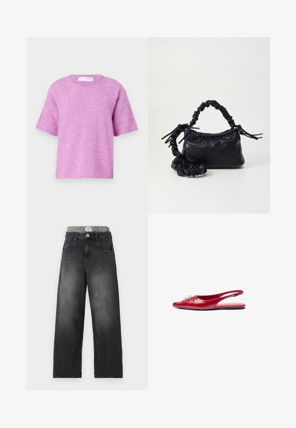 Rosa kortermet genser med rund hals. Myk tekstur, avslappet passform og minimale sømdetaljer. Merke synlig på baksiden.; Sorte denim bukser med vide ben og et houndstooth-mønstret taljebånd. Funktioner inkluderer forlommer og knappelukning. Slidt tekstur.; Rød lær slingback leplesko med spiss tå og dekorativ snøring foran, med en smal ankelrem og flat såle.; Svart faux skinn-håndveske med krokodilletekstur, strammet topp og en rynket stropp. Ser myk og kompakt ut i designen.