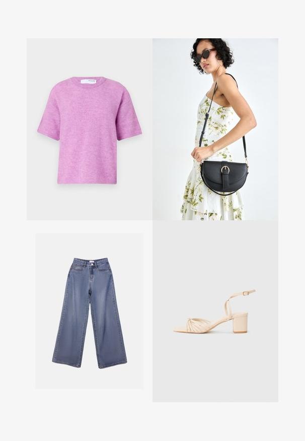 Pink short-sleeve sweater with a round neckline. Soft texture, relaxed fit, and minimal stitching details. Tag visible at the back.; Wide-leg denim jeans in a light blue wash, featuring a high waist, front pockets, and a button closure with belt loops.; Beige strappy heeled sandal with a square toe, twisted front design, ankle strap, and block heel. Smooth texture, minimalistic style.; Black leather handbag with a curved shape, detachable strap, and gold hardware. The bag features a flap with a buckle detail.
