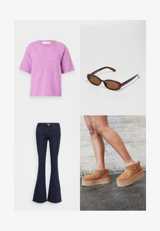 Pink short-sleeve sweater with a round neckline. Soft texture, relaxed fit, and minimal stitching details. Tag visible at the back.; Dark denim flared jeans with a fitted waist, featuring a front button closure, five-pocket design, and seam detailing along the legs.; Brown suede ankle boots with a plush lining, thick beige platform sole, and a rear pull tab. Textured surface with visible stitching details.; Round, brown-tinted sunglasses with a glossy burgundy frame. Slim arms with subtle branding detail. Flat lens design.