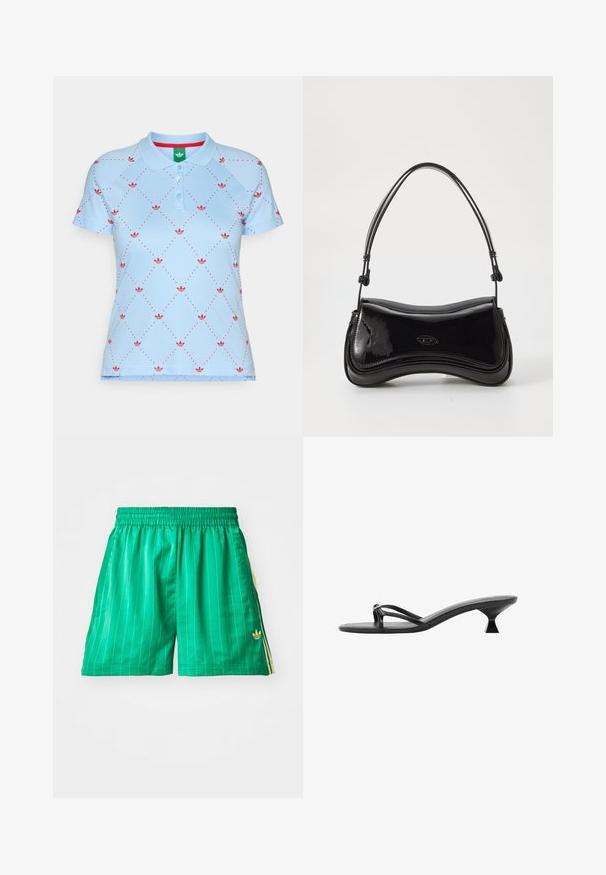 Svetlo modra polo majica s kratkimi rokavi, ki vsebuje rdeče diamante in majhne logotipe, izdelana iz gladkega, elastičnega materiala.; Zelene športne kratke hlače z belimi navpičnimi črtami, elastičnim pasom in rumenimi stranskimi poudarki. Na spodnjem levem delu imajo majhen zlat logotip.; Črne sandale na visoki peti z eleganco, tankimi trakci in edinstveno tristransko peto. Gladka tekstura z minimalističnim videzom.; Črna lakirana usnjena torbica s krivuljasto obliko, enim ročajem in zaobljenim dnom. Ima subtilen logotip na sprednji strani.