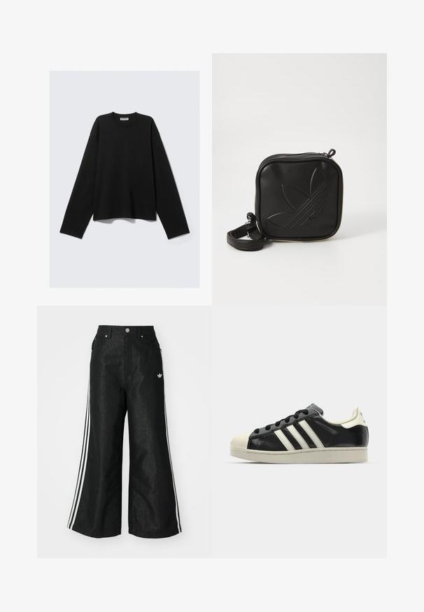 Black long-sleeve top made of soft fabric, featuring a round neckline, relaxed fit, and minimalistic design with no visible patterns or accents.; Black wide-leg denim pants with three white stripe accents on each side and a small white logo. Features front pockets and a button closure.; Black leather sneaker with white stripes, rubber toe cap, black laces, and a cream-colored outsole. Smooth texture with shiny finish.; Black square crossbody bag made of textured synthetic material. Features an embossed logo design and adjustable strap. Zipper closure.