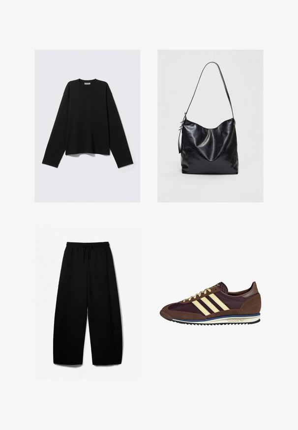 Schwarzes Langarmoberteil aus weichem Stoff, mit Rundhalsausschnitt, lockerer Passform und minimalistischem Design ohne sichtbare Muster oder Akzente.; Schwarze weit geschnittene Hosen mit elastischem Bund und Kordelzug. Weicher Stoff mit glatter Textur. Gerader Schnitt mit Seitennähten.; Braune und burgunderfarbene Sneaker aus Wildleder und Mesh-Materialien, mit drei cremefarbenen Streifen, strukturiertem Stoff an der Zunge und einer Gummisohle.; Schwarze Leder-Schultertasche mit einer weichen, strukturierten Oberfläche. Sie hat ein geschwungenes Design und einen einzelnen verstellbaren Tragegurt. Kein zusätzliches Zubehör.