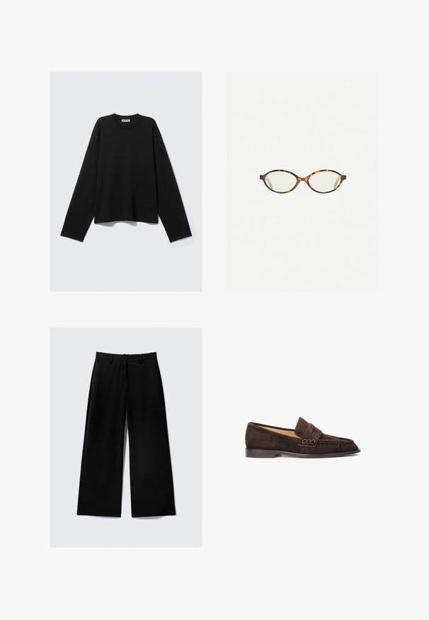Mustat pitkähihainen paita, joka on valmistettu pehmeästä kankaasta, jossa on pyöreä pääntie, rento muotoilu ja minimalistinen malli ilman näkyviä kuvioita tai korostuksia.; Mustat leveät housut sivutaskuilla, vyölenkeillä ja etuvetoketjulla vaalealla taustalla.; Browning nahkasaappaat pyöristetyllä kärjellä, jossa on tasainen musta pohja ja koristeellinen hihna jalkapöydän yli. Sileä pinta.; Kilpikonnakuosiset silmälasit, joissa on soikeat linssit ja tyylikäs, sileä pinta. Ominaisuudet: ohuet sivut, joissa on hienovarainen kaari temppeleissä. Kirkkaat linssit.