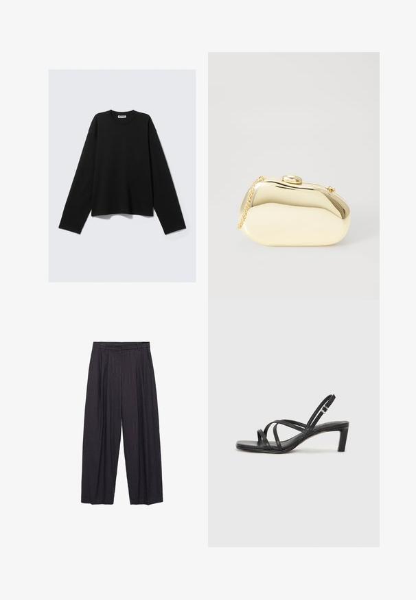 Schwarzes Langarmoberteil aus weichem Stoff, mit Rundhalsausschnitt, lockerer Passform und minimalistischem Design ohne sichtbare Muster oder Akzente.; Weite Hosen aus dunkelblauem Stoff mit subtilen vertikalen Streifen, ausgestattet mit einem Knopfverschluss und einem strukturierten Bund.; Schwarze Sandale mit Riemchen, quadratischer Zehenform und niedrigem Blockabsatz. Verfügt über mehrere dünne Riemen und einen verstellbaren Knöchelriemen. Hergestellt aus glattem Leder.; Metallisch goldene Clutch mit einer glatten, abgerundeten Form, ausgestattet mit einem oberen Druckknopfverschluss und einem kleinen Kettenriemen zum Tragen.; Silberner Doppelring mit einer glatten, polierten Oberfläche. Verfügt über ein fließendes, kurviges Design mit überlappenden Abschnitten für einen modernen Look.