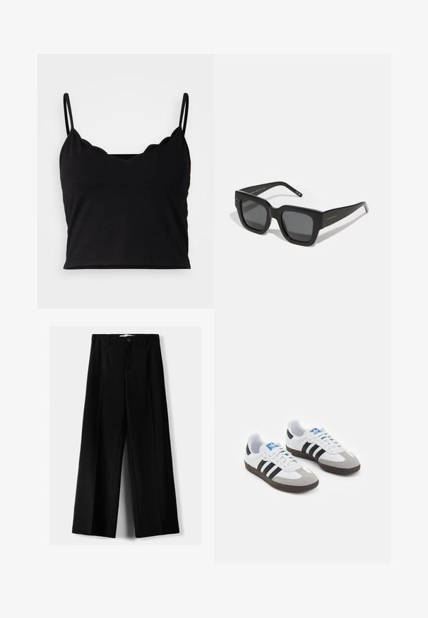 Even&Odd Toppi - black; Mustat leveälahkeiset housut, jotka on valmistettu kevyestä kankaasta. Housuissa on etunappikiinnitys ja tasainen etuosa, sekä huolellisesti ommellut helmat.; Urheilukengät, joissa on valkoinen nahkainen päällinen, harmaa mokkanokka ja kolme mustaa raitaa. Ominaisuuksina sininen logo kielekkeessä ja kuvioitu kumipohja.; Musta neliön muotoiset aurinkolasit tummilla linsseillä, paksusta muovista valmistettu runko ja tyylikkäät templet. Sivussa on hienostunut brändäys.; Mustan tekokrokotiilinnahkainen käsilaukku, jossa on jämäkkä muotoilu, kultaiset yksityiskohdat, ylhäällä oleva kahva ja magneettinen läppäklipsi.