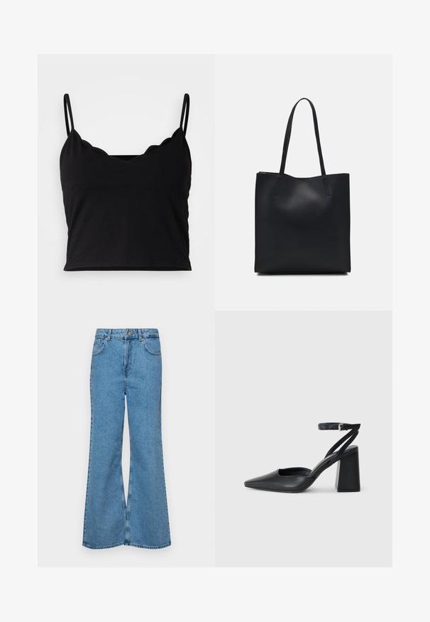 Even&Odd Top - black; Světle modré rozšířené džíny z denimu, se zvýšeným pasem, pěti kapsami a jedním knoflíkem na zapínání. Měkký povrch s vybledlým vzhledem.; Černé kožené lodičky se špičatou špičkou, kotníkovým páskem a silným podpatkem. Hladká textura, elegantní design a minimalistická estetika.; Černá kožená taška přes rameno s hladkým povrchem, obdélníkovým tvarem a dvěma dlouhými uchy. Žádné viditelné kování ani ozdoby.