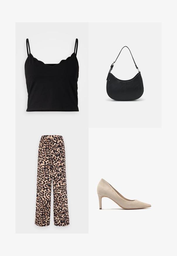 Even&Odd Top - black; Pantaloni a gamba larga realizzati in tessuto morbido con stampa leopardata in beige caldo e marrone scuro, dotati di una vita elastica per il massimo comfort.; Décolleté beige in suede con punta affilata e tacco di 7 cm. Texture liscia, design minimalista e silhouette impeccabile.; Borsa hobo nera in pelle liscia con silhouette curvata, dotata di un'unica tracolla regolabile e dettagli di design minimalisti.