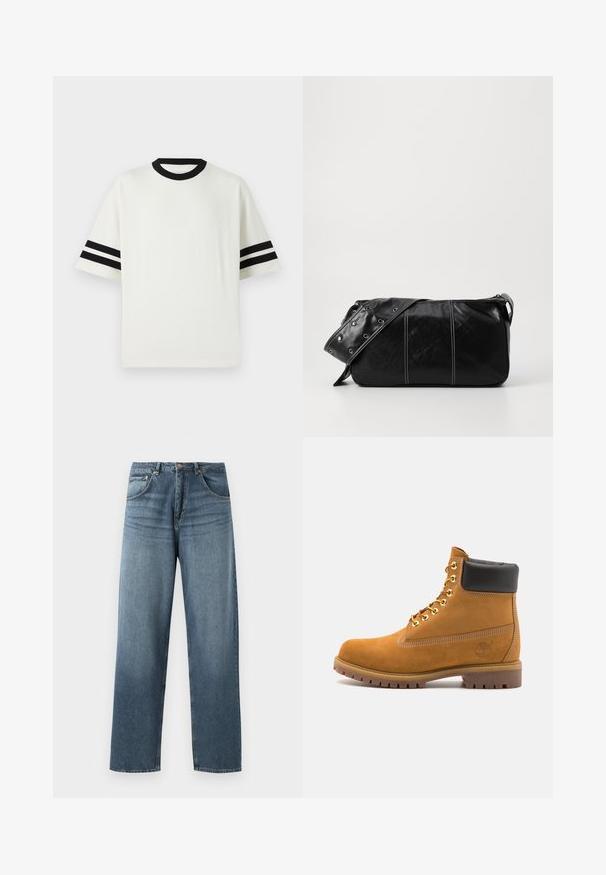 Hvid sportstrøje med sort ribbet rund hals og korte ærmer, der har to sorte striber på hver ærme. Glat tekstur, løs pasform.; Lige ben blå denim jeans med en falmet vask, der har fem lommers design, metallisk knap og bæltestropper. Struktureret, medium vægt stof.; Tan nubuck ankelstøvle med sort polstret krave, gyldne metaløjer, hvid syning detaljer og robust gummisål med udtalte slidbaner.; Sort læder skuldertaske med lynlås, der har en tekstureret overflade, hvid syning og en rem med sølvøskner.