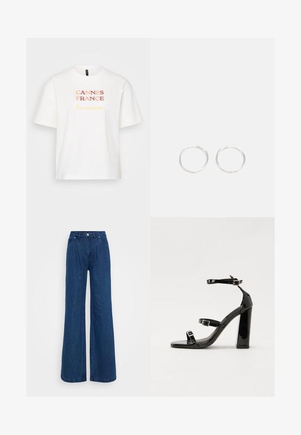 Valkoinen puuvillainen T-paita, lyhyet hihat, jossa on "CANNES RANSKA" punaisella ja "Bienvenue" keltaisella, pyöreä kaulus.; Laivansiniset leveälahkeiset farkut korkealla vyötäröllä, edessä napit ja vetoketju, sekä etu- ja takataskut tasaisella taustalla.; Musta kiiltävä korkokenkä sandaalit neliönmuotoisella varpaalla, nilkkaremmillä ja hopeisilla soljilla. Varustettu tukevalla lohkokorkealla vakauden takaamiseksi.; Hopea rengas korvakorut, joissa on tyylikäs, pyöreä muotoilu, tasainen pinta ja ilman näkyviä koristeita. Halkaisija ei ole määritelty.