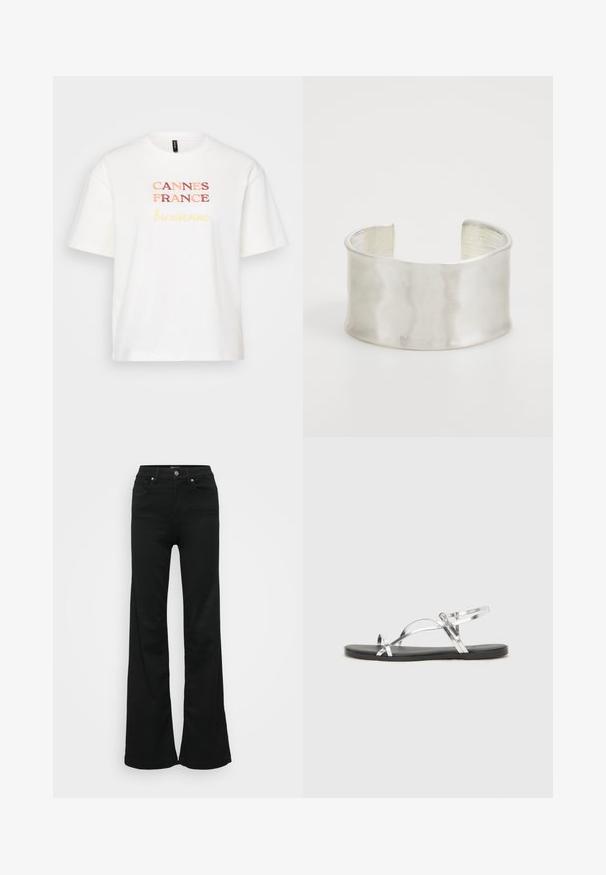 White cotton T-shirt, short sleeves, featuring "CANNES FRANCE" in red and "Bienvenue" in yellow, with a crew neckline.; Black flared jeans made from denim, featuring a high waist, five pockets, and metal button closure. Smooth texture with minimal detailing.; Silver metallic sandals with a minimal design, featuring thin straps and a black flat sole. Highlights include cross strap accents.; Zign Bracelet - silver-coloured