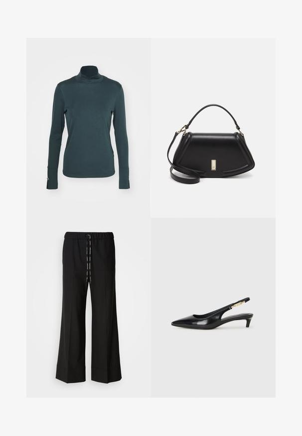 Dark green, long-sleeve turtleneck top made of soft, stretchy fabric. Features side slits and a subtle seam detailing at cuffs.; Black, wide-leg trousers with an elastic waistband and black drawstring. Made of smooth fabric with no visible patterns or hardware.; Black leather slingback heels with a pointed toe, featuring a slim heel and a gold-tone accent on the adjustable strap. Smooth texture.; Black leather handbag with a structured design, featuring a cropped shape, top handle, and gold hardware accent. Adjustable shoulder strap included.