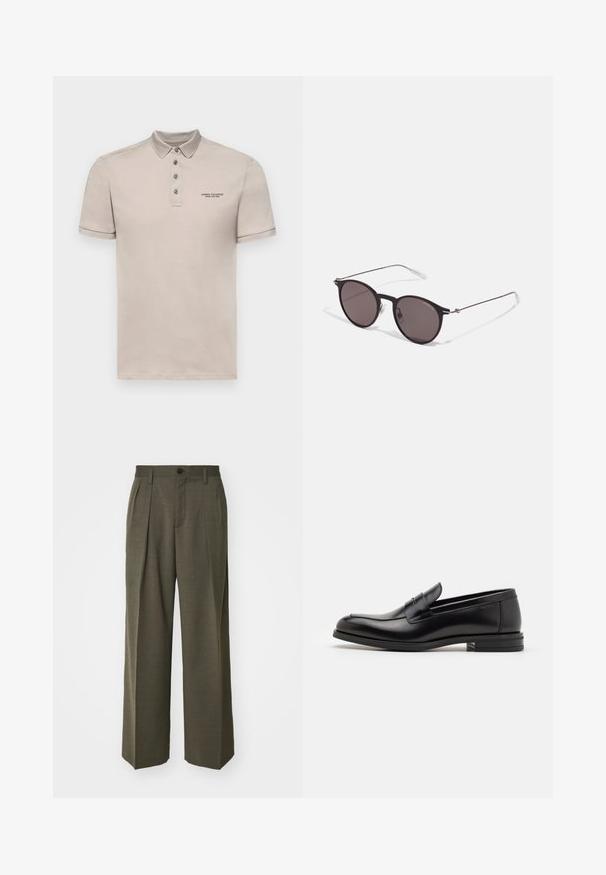 Armani Exchange Poloshirts - string; Filippa K WIDE TROUSERS - Bukser - driftwood; Sorte læderloafers med en glat overflade, rund tå og en dekorativ strop over vampen. Lav hæl med stabeldesign, minimalistisk stil.; Sorte runde solbriller med mørke linser og slanke metalarme. Inkluderer klare tempeltips og sølvdetaljer ved hængslet. Minimalistisk design.