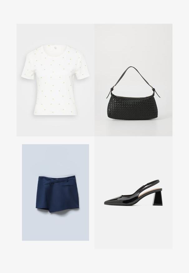 Camiseta blanca de manga corta con pequeños estampados de piñas coloridas. Presenta un cuello redondeado y una tela suave y texturizada.; Pantalones cortos azul marino con frente plano, bolsillos laterales y un bolsillo trasero. Tejido suave con un aspecto estilizado y acentos cosidos.; Zapatos de tacón negro de charol tipo slingback con punta afilada, que cuentan con un exclusivo tacón en bloque geométrico y una textura suave. Correa ajustable para mayor soporte.; Bolso de hombro tejido en negro con una correa de cuero suave y cierre de cremallera. Presenta una superficie texturizada y una forma curvada.