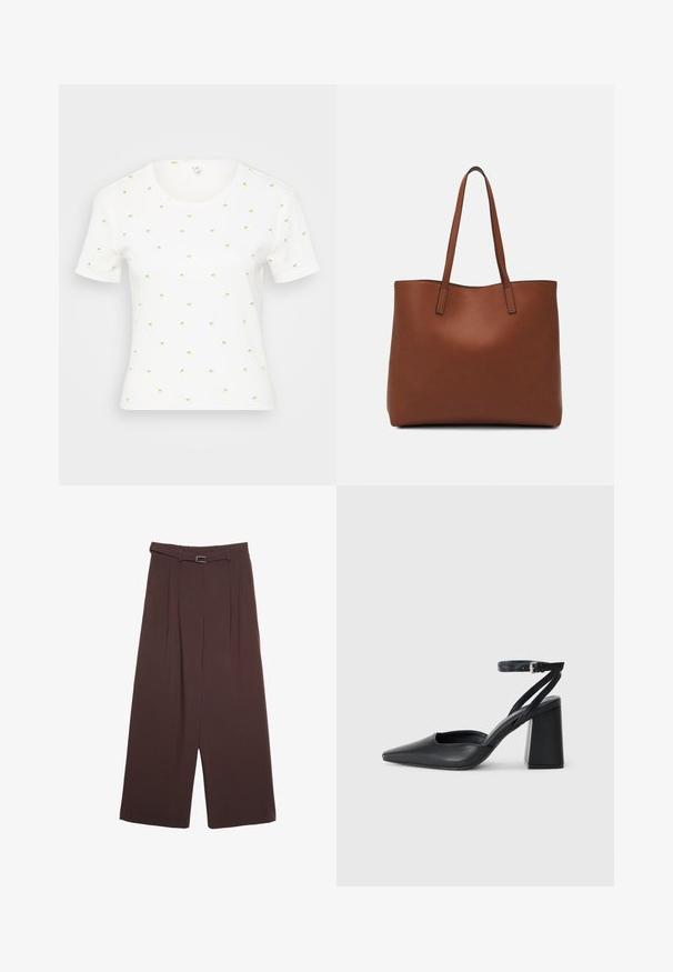 Bela kratka majica s kratkimi rokavi z majhnimi, pisanimi vzorci ananasa. Ima okroglo izreznico in mehko, teksturirano tkanino.; Stradivarius WIDE-LEG WITH BUCKLE DETAIL - Hlače - dark brown; Črne usnjene klasične čevlje z ostrim nosom, z zaponko za gleženj in debelim peto. Ravna tekstura, eleganten dizajn in minimalistična estetika.; Rjava usnjena torba z gladko teksturo, odprto zasnovo zgoraj in dvema naramnima trakovoma. Opremljena je z minimalnim šivanjem in brez vidnih kovinskih delov.