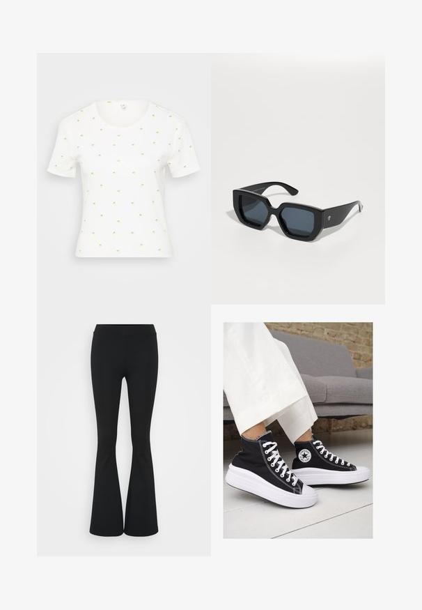 Biely krátky rukáv T-shirt s malými farebnými potlačami ananásu. Má okrúhly výstrih a mäkkú, textúrovanú tkaninu.; Čierne rozšírené nohavice vyrobené z elastického materiálu, s vysokým pásom a hladkou textúrou. Nohavice sa rozširujú od kolena.; Čierne plátkové tenisky s vysokým strihom a bielymi gumovými podrážkami a šnúrkami. Majú okrúhly logotyp na boku a kontrastné biele stehy.; Čierne nadrozmerné slnečné okuliare s geometrickým vzorom, obdĺžnikové šošovky a lesklý povrch. Na prednej strane nie sú viditeľné žiadne značky.