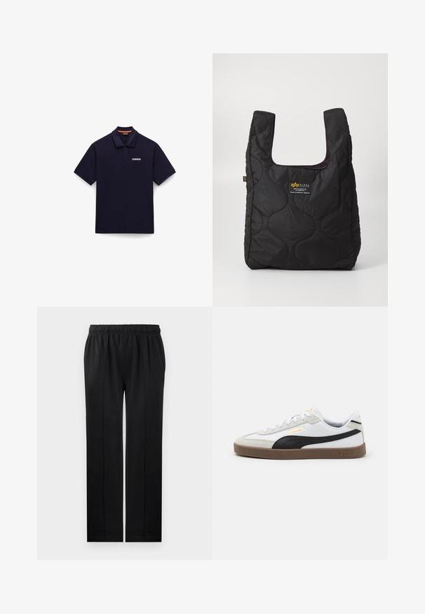 Námornícky modrá polokošela vyrobená z textílie s hladkou štruktúrou. Má klasický golier, krátke rukávy a malé logo na prednej strane.; Čierne nohavice vyrobené z jemnej látky s elastickým pásom, rovný strih a dva bočné vrecká. Obsahujú skrytý detaily stehu.; Biele kožené tenisky s čiernym semišovým akcentom, okružný špičkový tvar, plochá hnedá gumová podrážka a zlatý embosovaný logo po stranách. Šnúrky a polstrovaný golier.; Čierna prešívaná kabelka s veľkým otvorom, zakrivenými tvarmi na povrchu a štítkom so žltým a bielym textom na prednej strane.