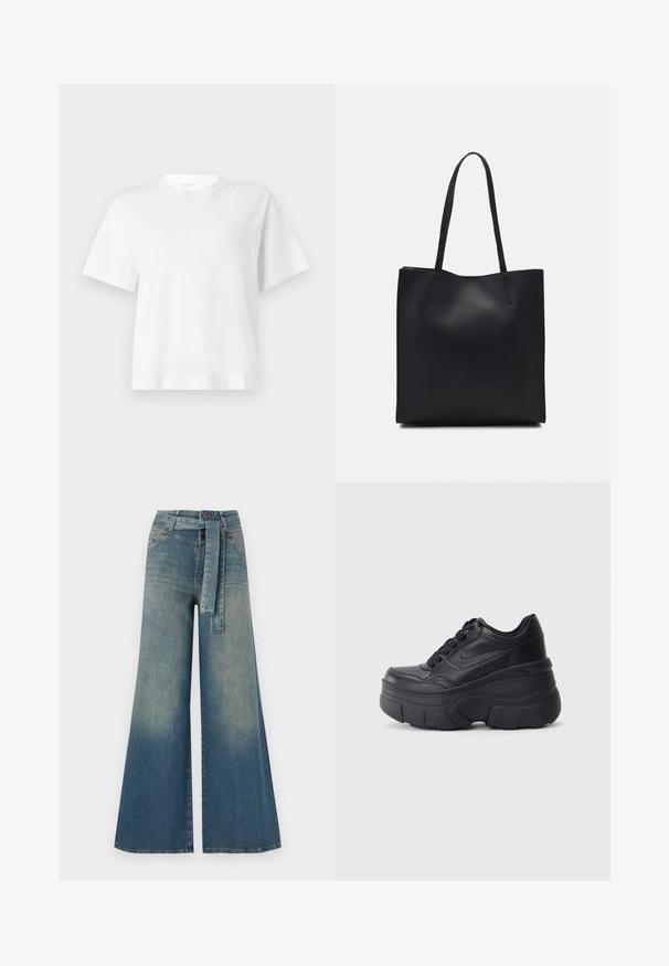 Bijela majica kratkih rukava od pamuka, s okruglim izrezom i ležernim krojem. Glatka tekstura s jednostavnim, klasičnim dizajnom.; Široke traperice s gradijentom od svijetloplave do tamnoplave, visokog struka, petljama za remen i remenom od istog materijala. Teksturirana traper tkanina.; Crne tenisice na vezanje s debelim potplatom, koje imaju glatku kožnu gornju stranu, zaobljeni vrh i izražen slojeviti dizajn platforme.; Crna kožna torba za nošenje s glatkom teksturom, pravokutnim oblikom i dvije duge ručke. Nema vidljivih metalnih dijelova ili ukrasa.