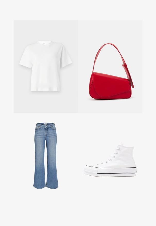 Witte T-shirt met korte mouwen gemaakt van katoen, met een ronde hals en een losse pasvorm. Zachte textuur met een eenvoudig, klassiek ontwerp.; Lichtblauwe denim flared jeans met een hoge taille, voorzien van voorzakken, een rits en subtiele vervaging. De stiksels zijn zichtbaar langs de randen.; Witte high-top canvas sneakers met een zwarte rubberen zool, een rubberen neuskap aan de voorkant en zes gaatjes voor veters, met een schone, minimalistische uitstraling.; Rode leren handtas met een hoekig, geometrisch ontwerp. Beschikt over een enkele verstelbare schouderriem en een klepclosure met gestikte details.