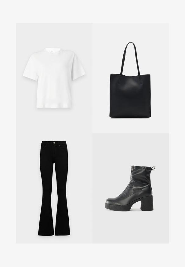 T-shirt blanc à manches courtes en coton, avec un col rond et une coupe décontractée. Texture lisse avec un design simple et classique.; Jean noir taille haute avec fermeture à bouton et à zip, poches avant et jambes évasées, posés à plat sur un fond blanc.; Bottes noires à la cheville en cuir lisse, dotées d'une fermeture éclair sur le côté, d'un talon épais texturé et d'une conception à bout rond.; Sac fourre-tout en cuir noir avec une texture lisse, de forme rectangulaire et deux longues poignées. Pas de matériel ou d'ornementations visibles.