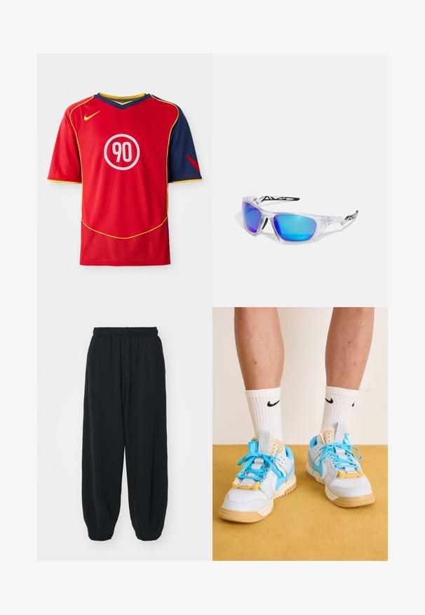 A camisola desportiva vermelha possui mangas curtas e um decote em V. O design inclui detalhes azuis, com uma faixa amarela e um logotipo circular branco com "90".; Calças de fato de treino pretas, com cintura elástica e um corte solto, com punhos nas pernas, textura suave e sem padrões visíveis ou detalhes de metal.; Tênis azul claro com solas em tom areia, apresentando cadarços turquesa proeminentes e detalhes em amarelo. Materiais texturizados e amortecimento de ar visível.; Óculos de sol desportivos com armação transparente, lentes espelhadas em azul e roxo, design angular e detalhes pretos nas hastes.
