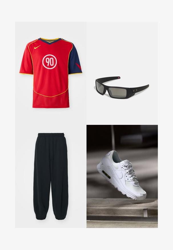 A piros sportmez rövid ujjú, V-nyakkivágású. A dizájnt kék díszítés, sárga szegő és egy kör alakú fehér logó, amelyen a "90" felirat található, jellemzi.; Fekete, rugalmas derékpántos melegítőnadrág, laza fit, véget érő szárakkal, sima textúrával, látható minták vagy hardver díszek nélkül.; Fehér Nike Air Max 90 sneaker, amely hálós és bőr felsőrésszel, perforált orr-résszel és látható légpárnás egységgel rendelkezik a saroknál.; Fekete napszemüveg matt felülettel, téglalap alakú lencsékkel, enyhe ívvel a templomokon, diszkrét logó részlettel és füstszínű lencsékkel.
