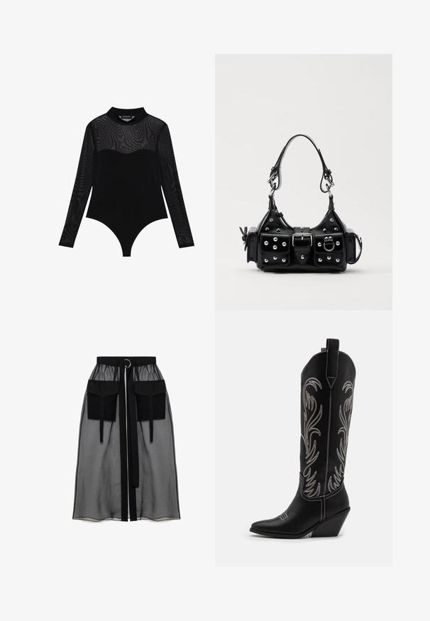 Even&Odd Maglietta a manica lunga - black; Gonna nera trasparente con una vita arricciata, dotata di due ampie tasche frontali, un laccetto in vita e un ornamento metallico circolare.; Stivali da cowboy in pelle nera con punte affusolate, tacchi a zoccolo e motivi floreali ricamati in argento lungo il gambale. Cuciture a contrasto in tutto lo stivale.; Borsa a mano in pelle nera con design curvo, caratterizzata da borchie argentate, una fibbia e due tasche laterali. Tracolla regolabile per diverse opzioni di trasporto.