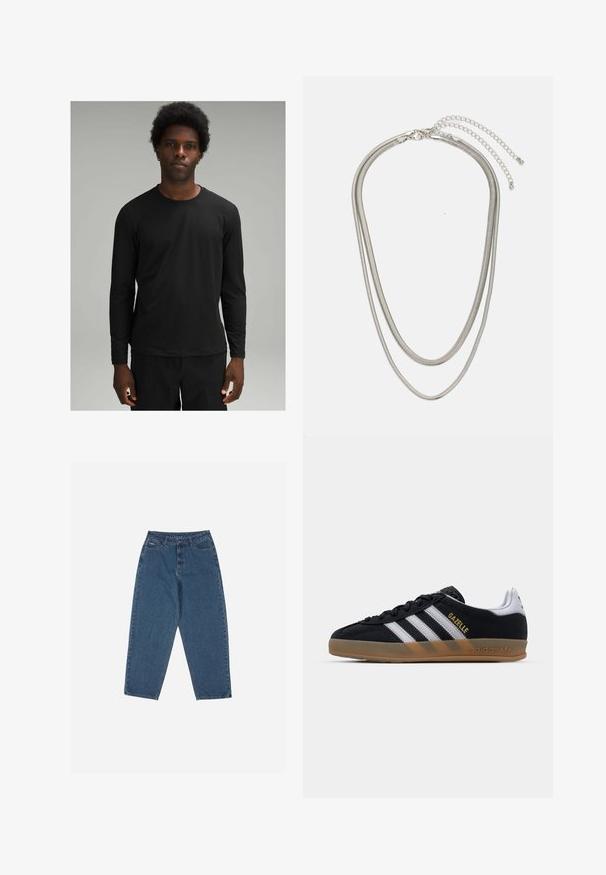 Juodas ilgomis rankovėmis marškinėliai su apvaliu iškirpimu, pagaminti iš lygaus audinio, su laisvu siluetu ir minimaliais siūlių akcentais.; Mėlyni džinsai su laisvu siluetu, aukštu juosmeniu, penkių kišenių dizainu ir siuvinio akcentais. Su mygtuku ir užtrauktuku.; Juodų suede sportbačių dizainas su baltais dryžiais, smėlio spalvos guminiu padu ir auksiniu "Gazelle" logotipu. Klasikinis žemas modelis su tekstūruotu viršumi.; Trijų sluoksnių sidabrinė metalinė apyrankė, kuri pasižymi stilingomis, lankstosiomis grandinėlėmis su švelniu blizgesiu, užsegama krabų užsegimu ir reguliuojama grandinė.