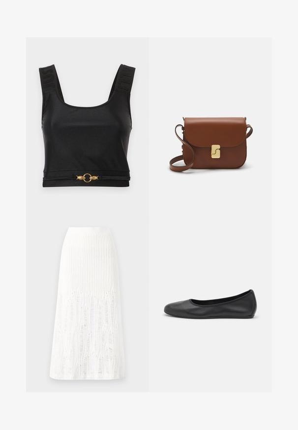 Top corto nero realizzato in tessuto morbido. Presenta spalline larghe con testo in rilievo e un accento circolare dorato all'orlo. Design semplice e raffinato.; Gonna midi bianca in maglia con un motivo testurizzato a righe verticali e dettagli a taglio vicino all'orlo. Vita elasticizzata. Materiale morbido.; Pantofole da balletto nere in pelle con punta arrotondata, texture liscia, dettagli di cucitura minimi e design con suola flessibile.; Borsa a tracolla in pelle marrone con chiusura a pattina, hardware color oro, tracolla e una finitura liscia. Forma rettangolare compatta.