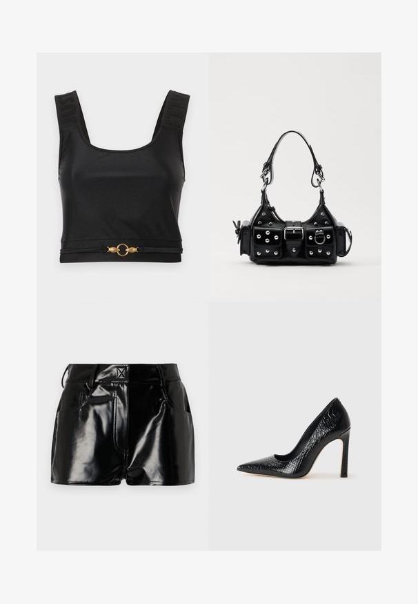 Čierny krátky top vyrobený z hladkej látky. Má široké ramienka s embosovaným textom a zlatým kruhovým akcentom na leme. Jednoduchý, elegantný dizajn.; Čierne lesklé šortky vyrobené z syntetického materiálu. Majú priliehavý pás, pútka na opasok a predné vrecká s výraznými švovými detailmi.; Čierna lodička s špicatou špičkou a lakovanou textúrou krokodíla, s elegantným dizajnom, vysokým stiletto podpätkom a hladkým čiernym interiérom.; Čierna kožená kabelka s zakriveným dizajnom, doplnená striebornými cvočkami, prackou a dvoma bočnými vreckami. Nastaviteľný popruh poskytuje rôzne možnosti nosenia.
