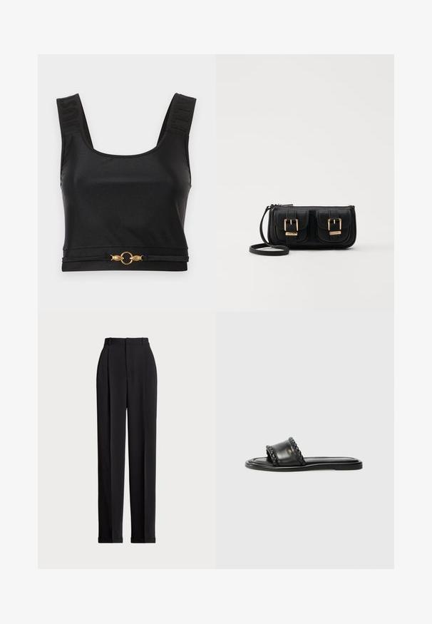 Black crop top made from smooth fabric. Features wide straps with embossed text and a gold circular accent at the hem. Simple, sleek design.; Black tailored trousers with a high waist, featuring pleats at the front, a straight leg design, and a cuffed hem. Made from smooth fabric.; Black leather sandal with a woven strap detail, flat sole, and a sleek design. Smooth texture and minimalistic profile.; Black leather crossbody bag with two front pockets, gold buckles, zipper closure, and a slim strap. Textured surface and compact rectangular shape.