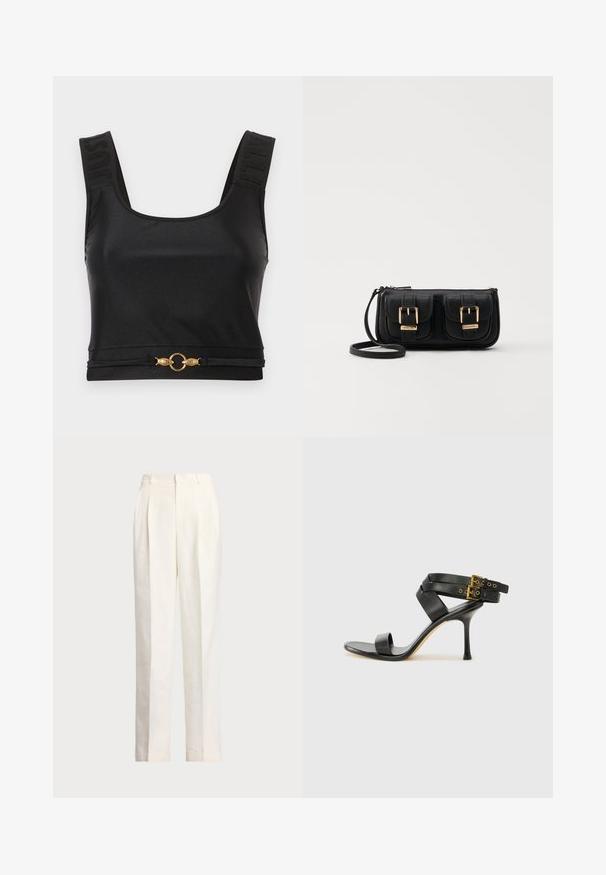 Top negru scurt dintr-un material neted. Prezintă bretele late cu text embosat și un accent circular auriu la tiv. Design simplu și elegant.; Polo Ralph Lauren HEMP WIDE LEG PANT - Pantaloni - nevis; Sandalie negre cu toc, cu curele încrucișate și cataramă ajustabilă. Prezintă o textură netedă și un toc stiletto conic.; Geantă neagră din piele, tip crossbody, cu două buzunare frontale, catarame aurii, închidere cu fermoar și o curea subțire. Suprafață texturată și formă rectangulară compactă.