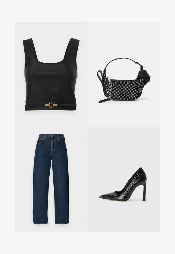 Melnā kroptopa augšdaļa, kas izgatavota no gluda auduma. Iezīmējas ar plašām siksnām ar izsistiem uzrakstiem un zeltītu apļu akcentu apakšmalā. Vienkāršs, elegants dizains.; Platas kāju zila džinsa bikses ar augstu jostasvietu, ar klasisku piecu kabatu dizainu un kontrastējošām šuvēm.; Melni augstpapēžu apavi ar norādītu purngalu, ar krokodila ādas tekstūru, izceļoties ar elegantu dizainu, augstu stiletto papēdi un gludu melnu interjeru.; Melnā rokassomiņa ar studētiem rotājumiem, ķēdes siksniņu un gludas ādas rokturi, ar apaļu formu un ar rāvējslēdzēju aizveramu nodalījumu.