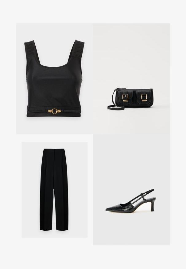 Top corto nero realizzato in tessuto morbido. Presenta spalline larghe con testo in rilievo e un accento circolare dorato all'orlo. Design semplice e raffinato.; Pantaloni neri a gamba larga con vita alta, dotati di pieghe e una texture liscia. Il tessuto sembra leggero e si drappeggia in modo elegante.; Slingback con tacco in vernice nera con punta affusolata, caratterizzato da una stampa a serpente testurizzata, cinturino regolabile e un tacco corto e testurizzato.; Borsa a tracolla nera in pelle con due tasche frontali, fibbie dorate, chiusura con zip e una tracolla sottile. Superficie texturizzata e forma rettangolare compatta.