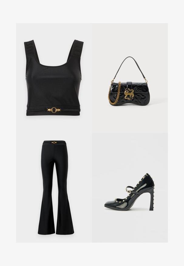 Schwarzes Cropped Top aus glattem Stoff. Verfügt über breite Träger mit eingeprägtem Text und einem goldenen runden Akzent am Saum. Einfaches, elegantes Design.; Schwarze ausgestellte Hosen mit glatter Textur, die einen taillierten Bund und ein goldenes kreisförmiges Element an der Vorderseite aufweisen. Aus dehnbarem Material gefertigt.; Schwarzer Lackleder-Pumps mit spitzer Zehe, Knöchelriemen und goldenen Nietenakzenten entlang der Kanten.; Schwarze Handtasche aus Kunstleder mit geprägt Wellenmuster, goldfarbener Kettenriemen und einem dekorativen, schlangenförmigen Verschluss mit Logodetail.