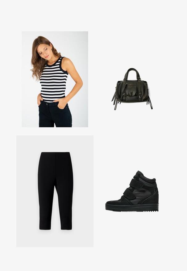 Stribet tanktop med sort og hvid vandret striber, ribbet tekstur og sort kant ved halsudskæringen, parret med mørke bukser.; Sorte capribukser lavet af strækbart stof, med et tætsiddende design der slutter lige under knæet, med en glat tekstur og uden synlige sømme.; Sorte høj-top sneakers lavet af ruskind og mesh, med velcro-remme, en glat overflade og en struktureret gummisål for godt greb.; Sort læderhåndtaske med flettede håndtag, lynlåslomme og hængende frynser. Tekstureret overflade med metalnitter og hardware-accenter.